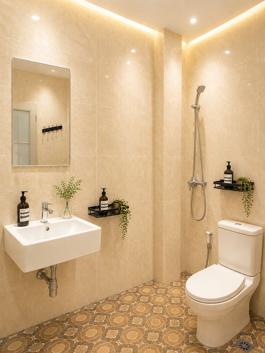 A modern bathroom with a white sink, a toilet, and a shower. There are plants and toiletries on the shelves.