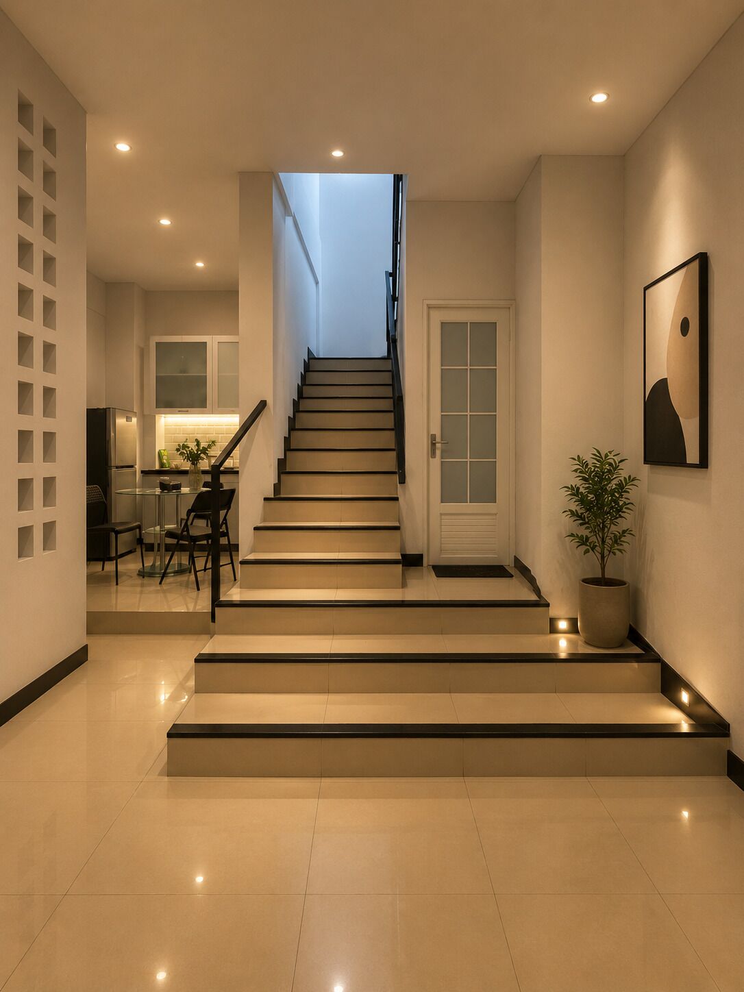 Ein modernes Interieur mit einer Treppe zu einer zweiten Etage, einer Küchenzeile und einem Essbereich.