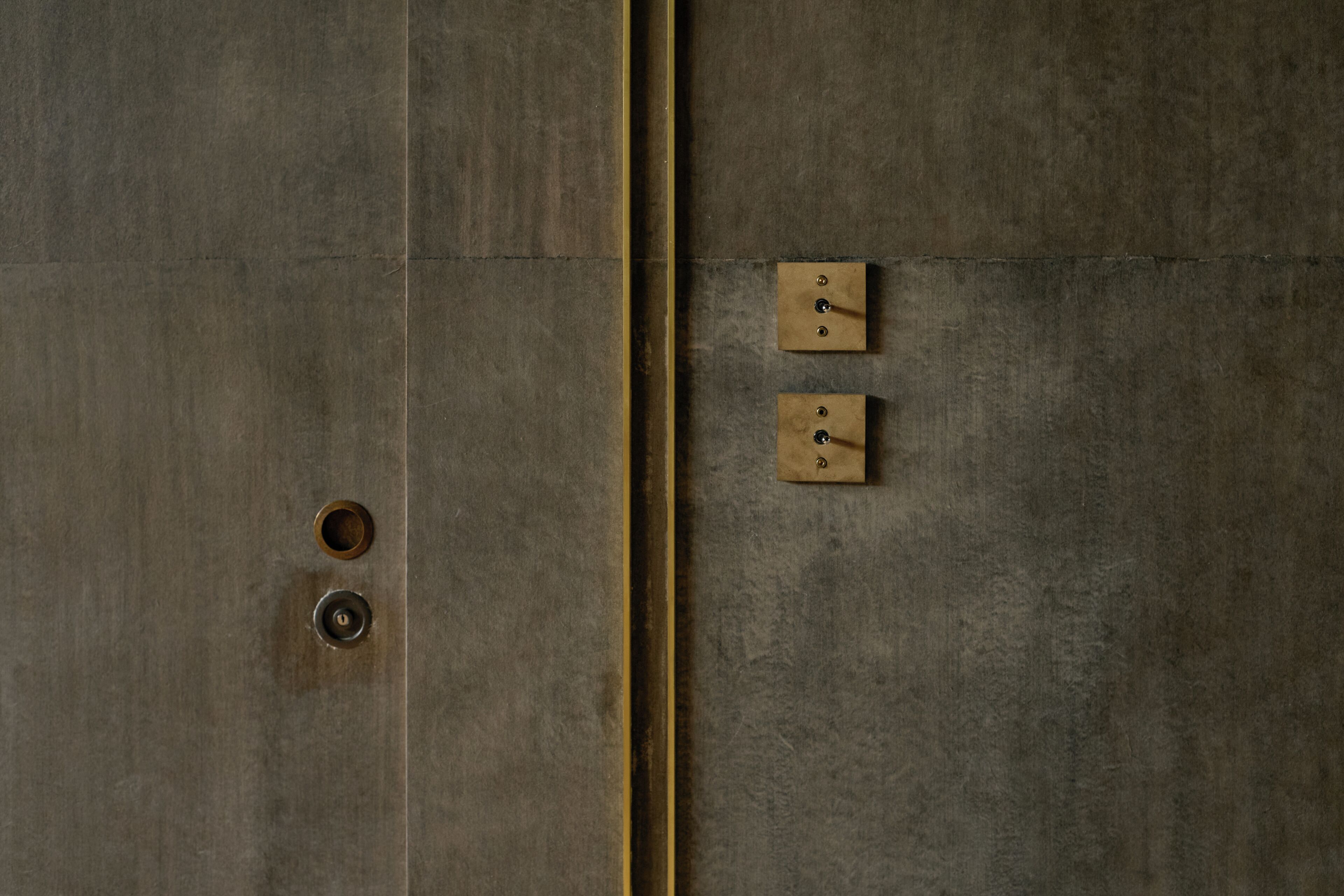 A metallic door with two round handles and two square lock plates.