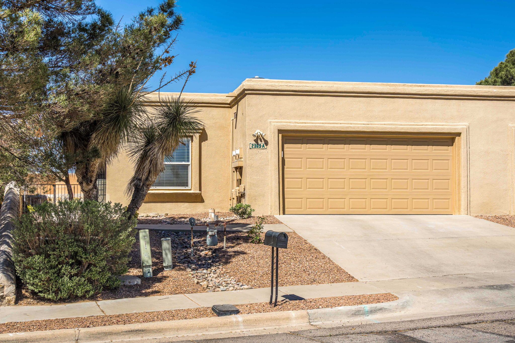 A residential house with a garage, a mailbox, and a palm tree.