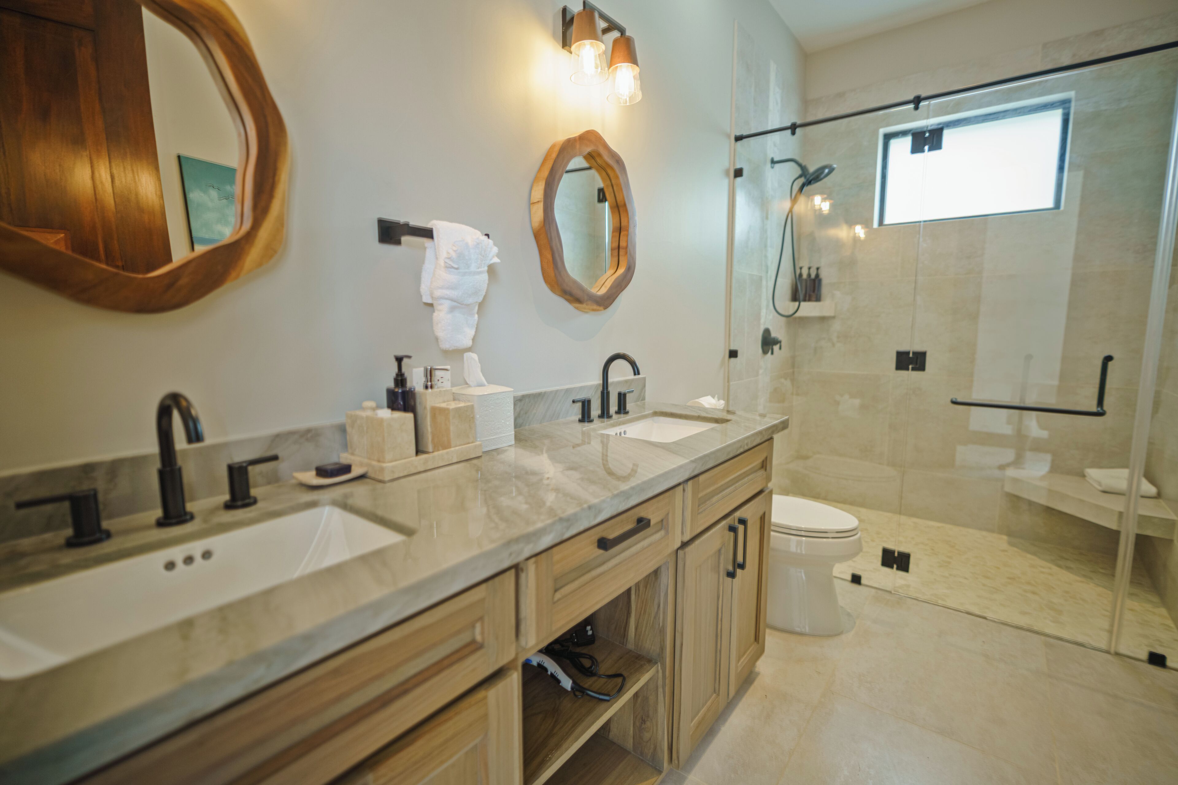 Hair dryer, towels, soap, toilet paper