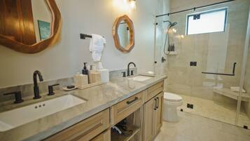 Hair dryer, towels, soap, toilet paper
