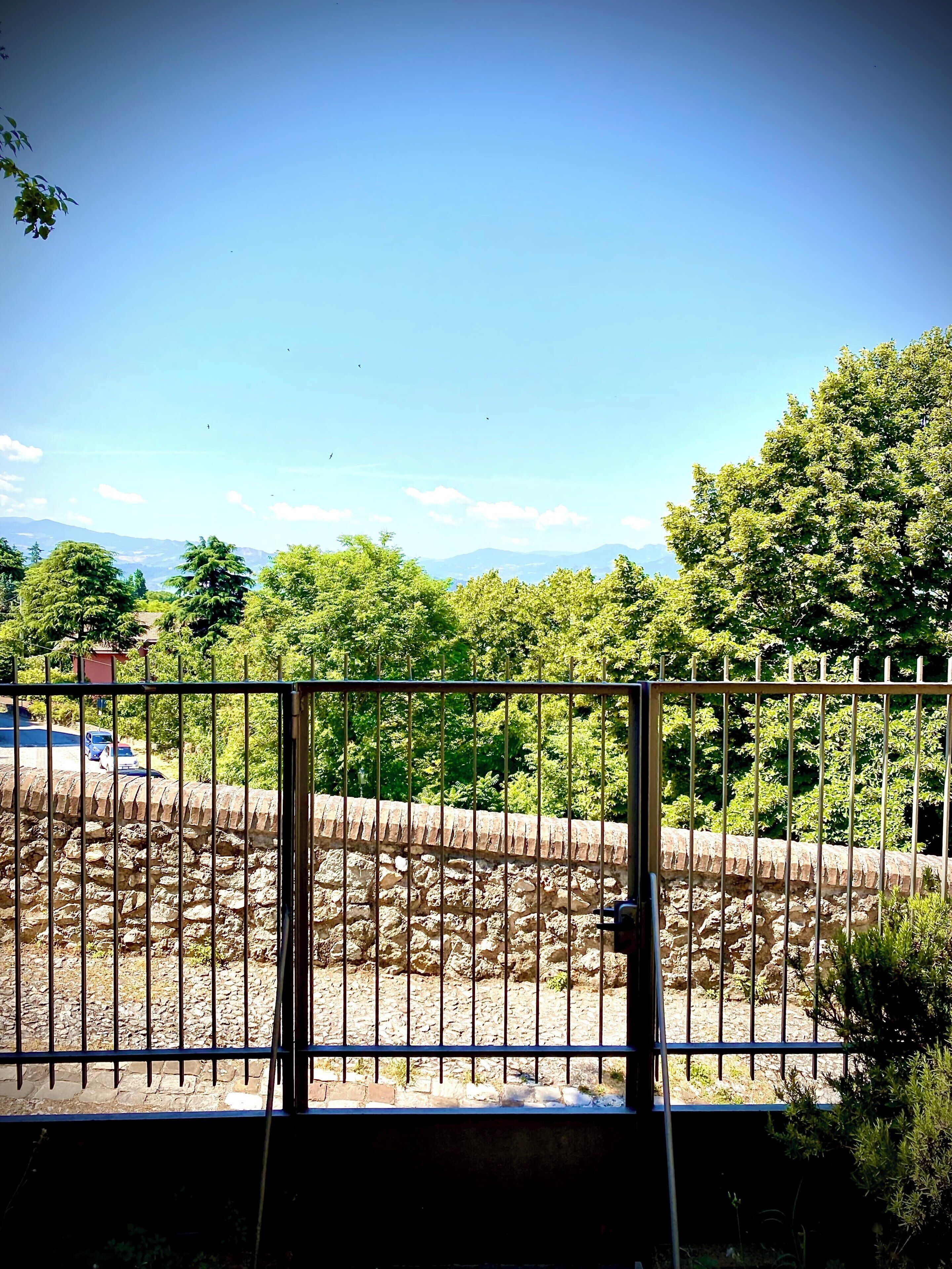 Vista attraverso una recinzione in metallo, con un muro di pietra e vegetazione sullo sfondo.