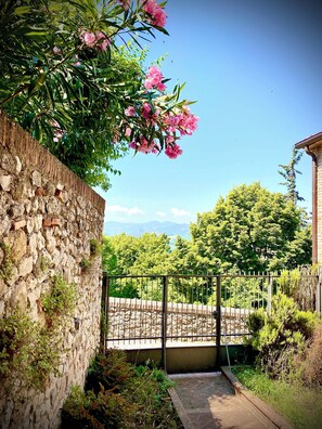 Un mur de pierre recouvert de plantes grimpantes et orné de fleurs roses, un portail en métal et, au loin, une vue sur des arbres et des montagnes.