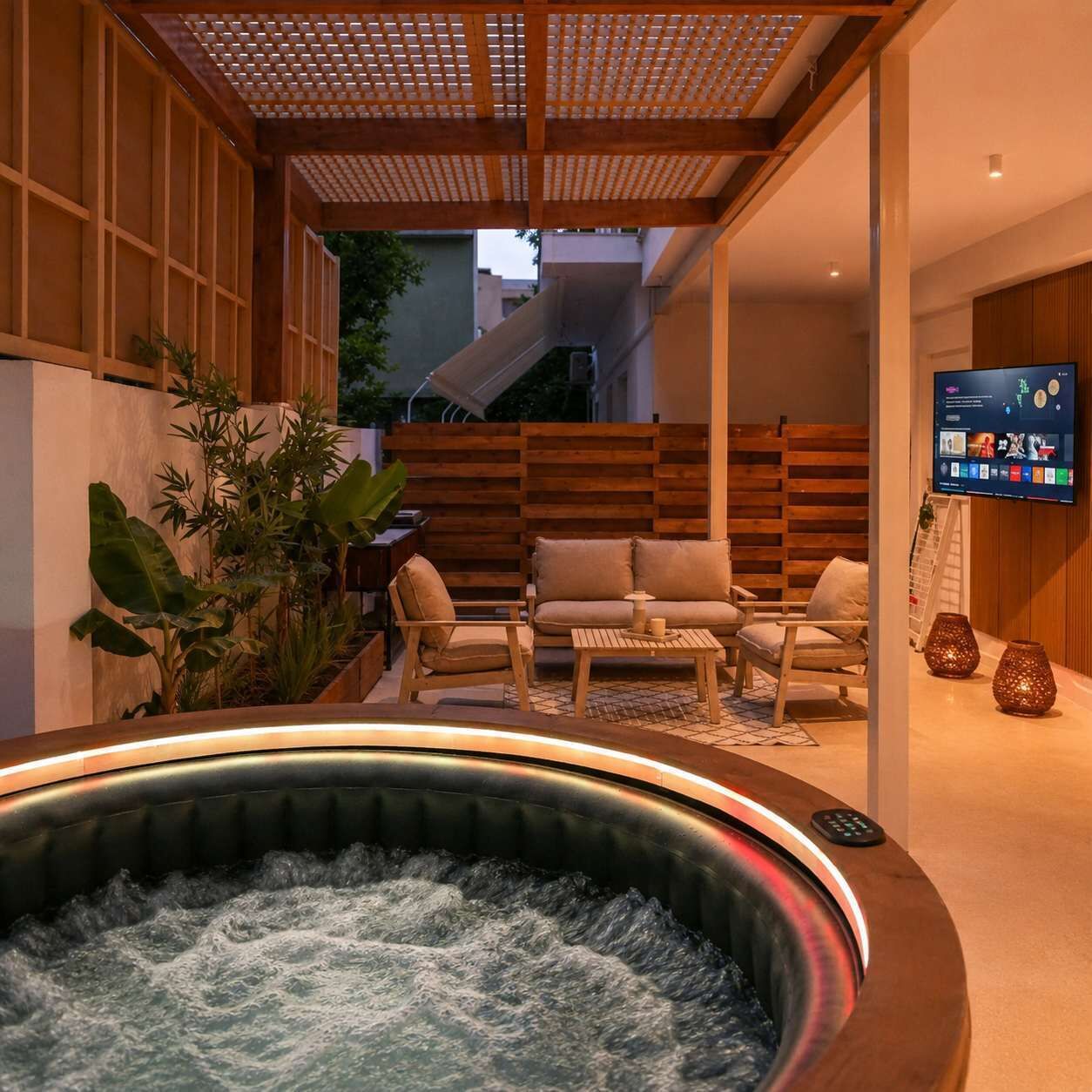 A hot tub area with a wooden pergola, seating, and a TV screen.