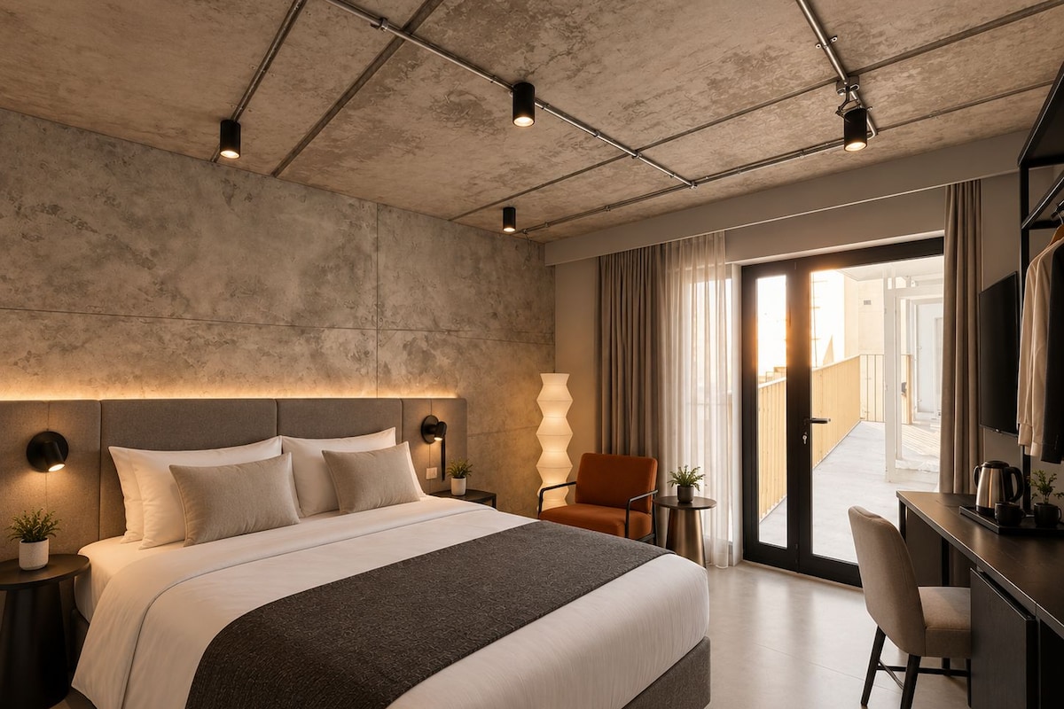 Una habitación de hotel moderna con una cama grande, un escritorio y una televisión.