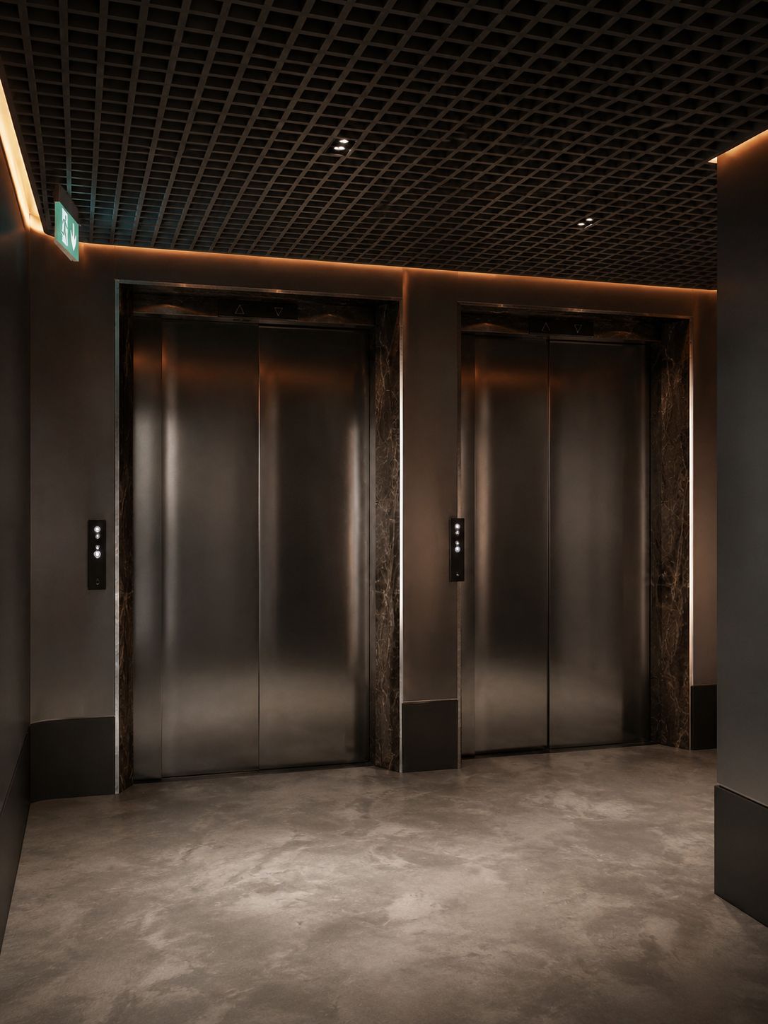 A modern elevator with a metallic finish and control panel, set in a hallway with a grid-patterned ceiling and a plain floor.