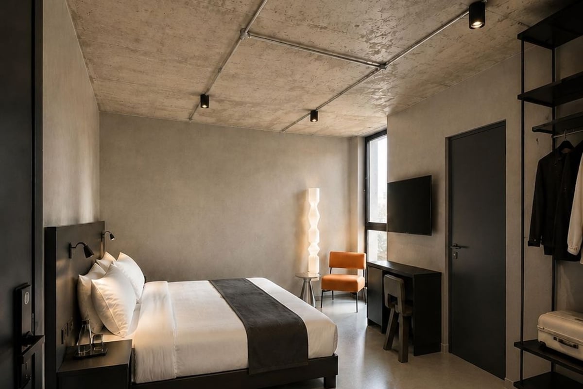 Un dormitorio moderno con una cama grande, un escritorio, una silla, un armario y un televisor.