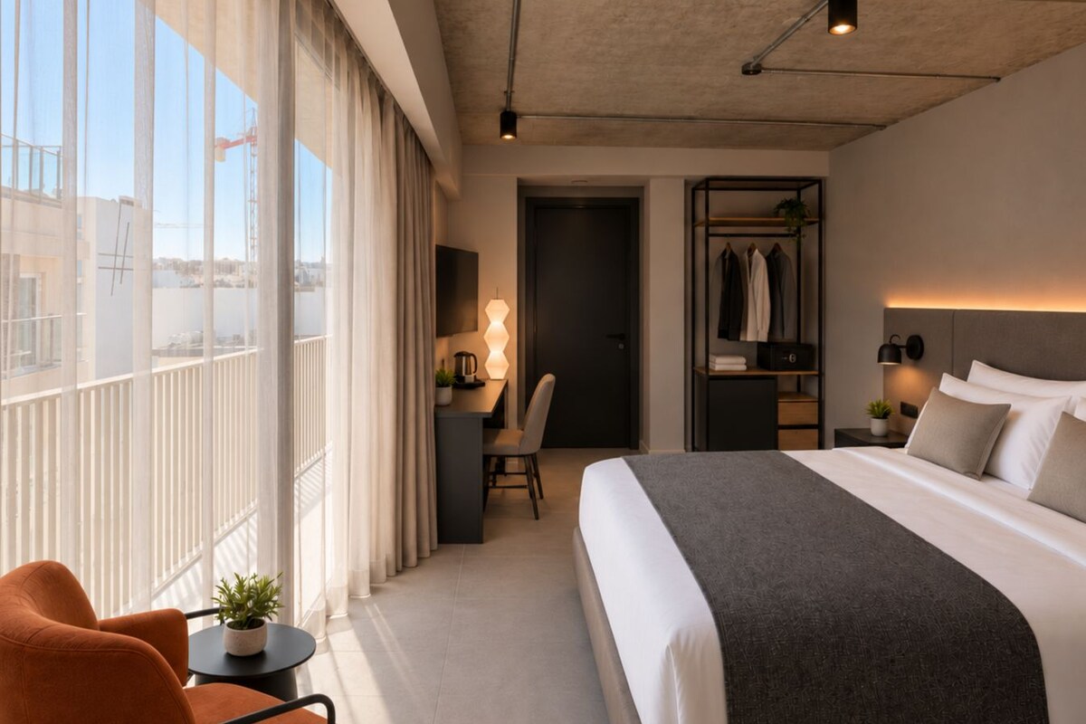 Habitación exclusiva con 1 cama matrimonial o 2 individuales, balcón, vista parcial al mar | Escritorio, espacio para trabajar con laptop y cortinas blackout