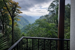 A balcony with a view of a mountainous landscape.