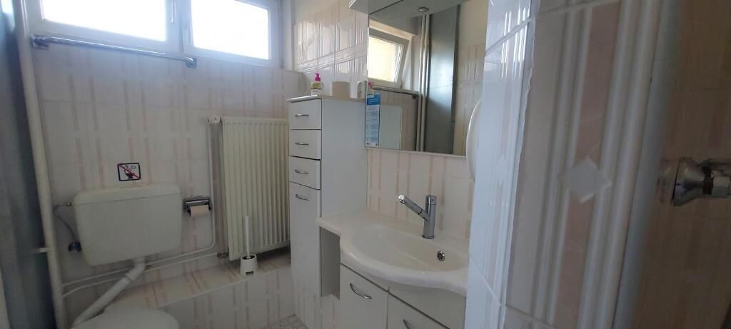 Un baño con inodoro, radiador, lavabo y espejo.