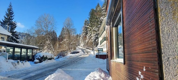 A residential street with snow-covered ground, houses, and trees. - Familienapartments Wildemann (Wildemann)