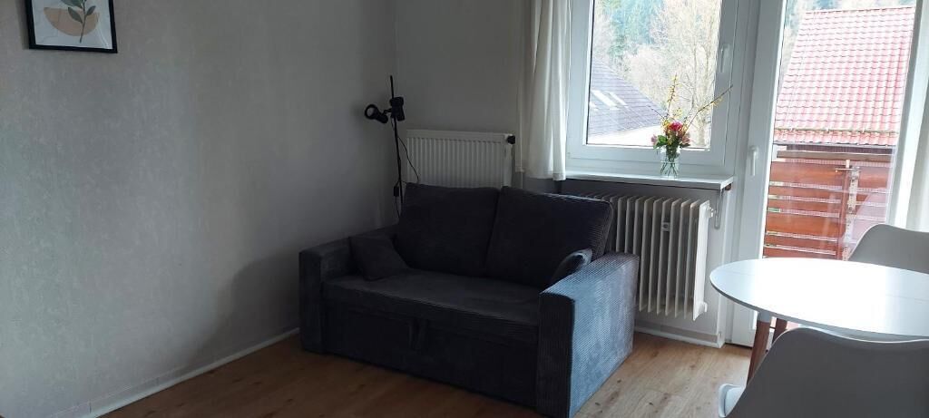 Et lille, møbleret værelse med en sofa, et bord og et vindue med udsigt til en bygning.