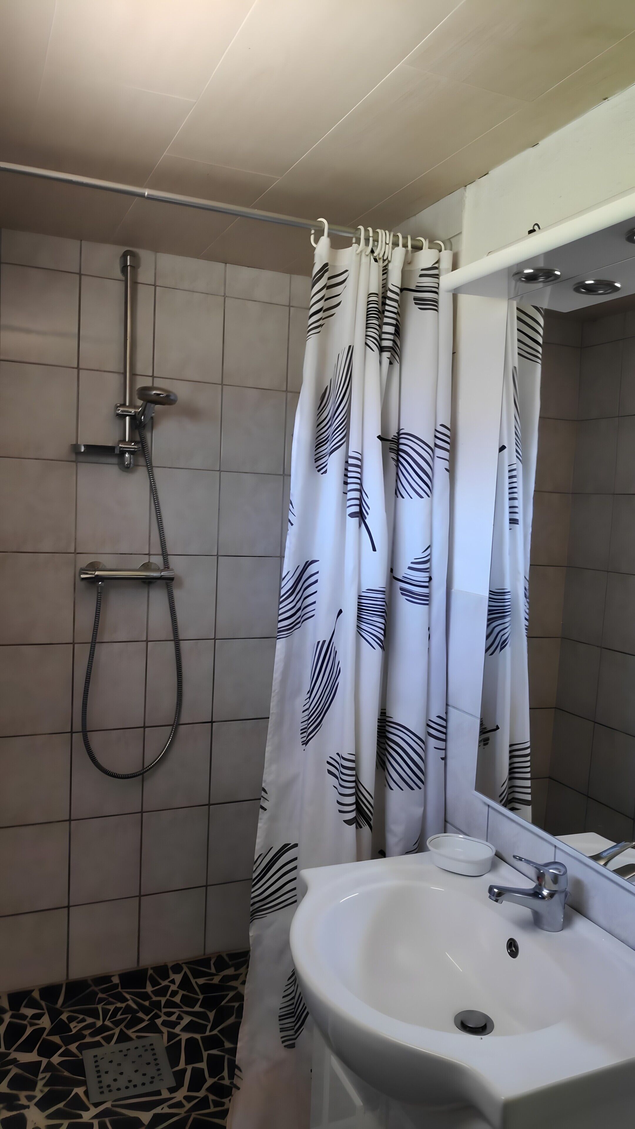 A bathroom with a shower, a sink, and a mirror.