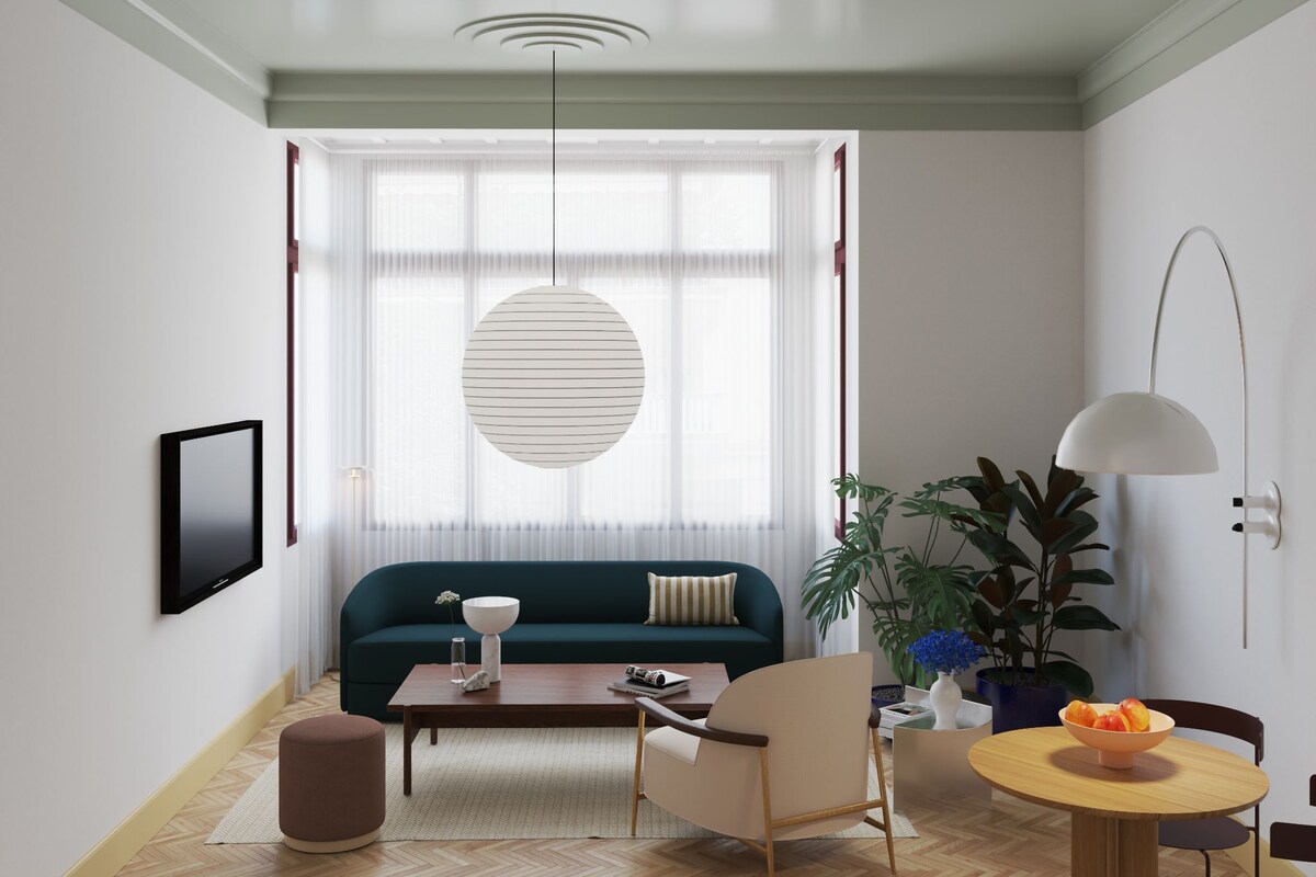 A modern living room with a sofa, coffee table, and chairs, a dining table with a bowl, and a large window with curtains.