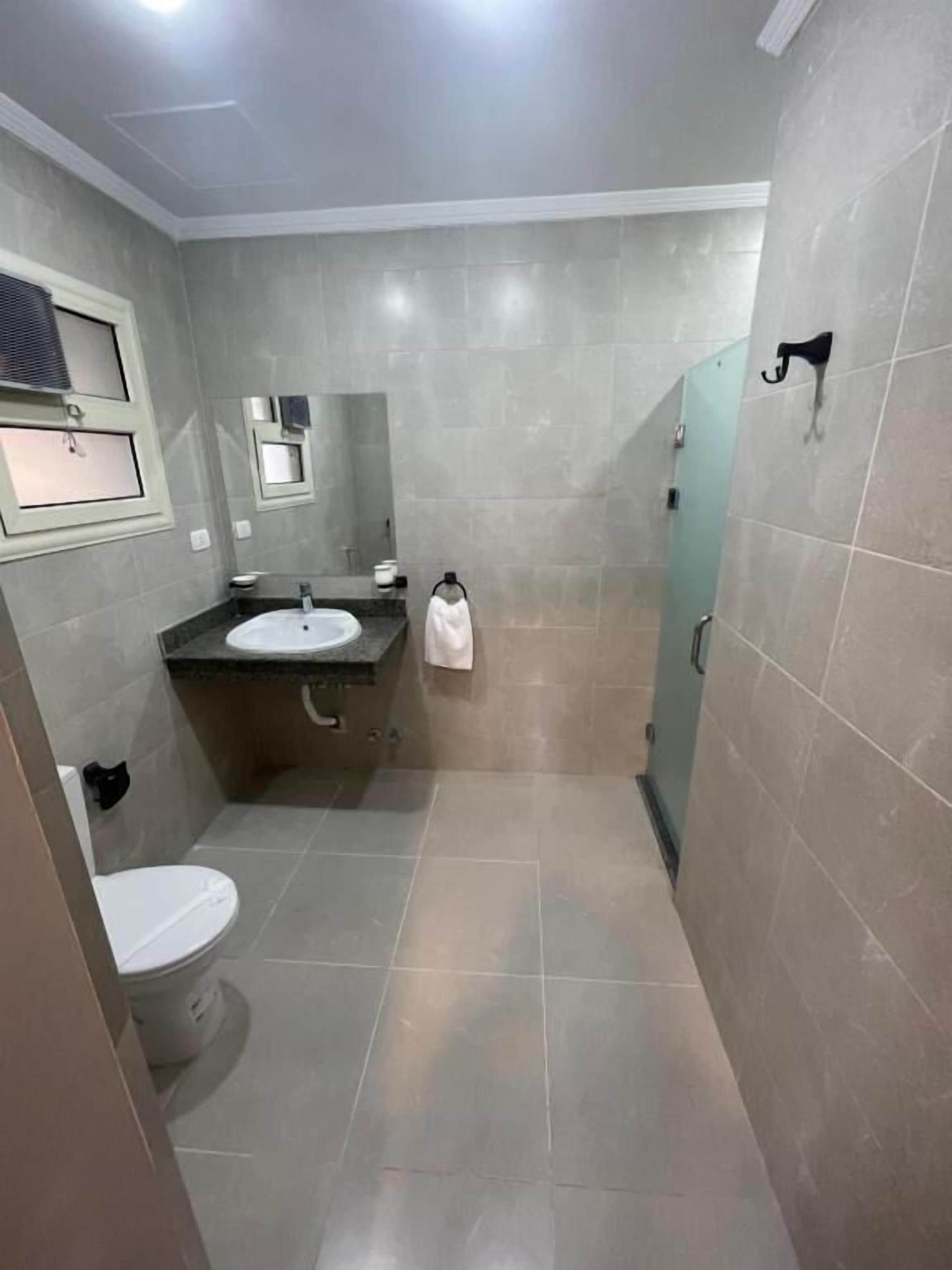 Ein Badezimmer mit Toilette, Waschbecken und Spiegel.