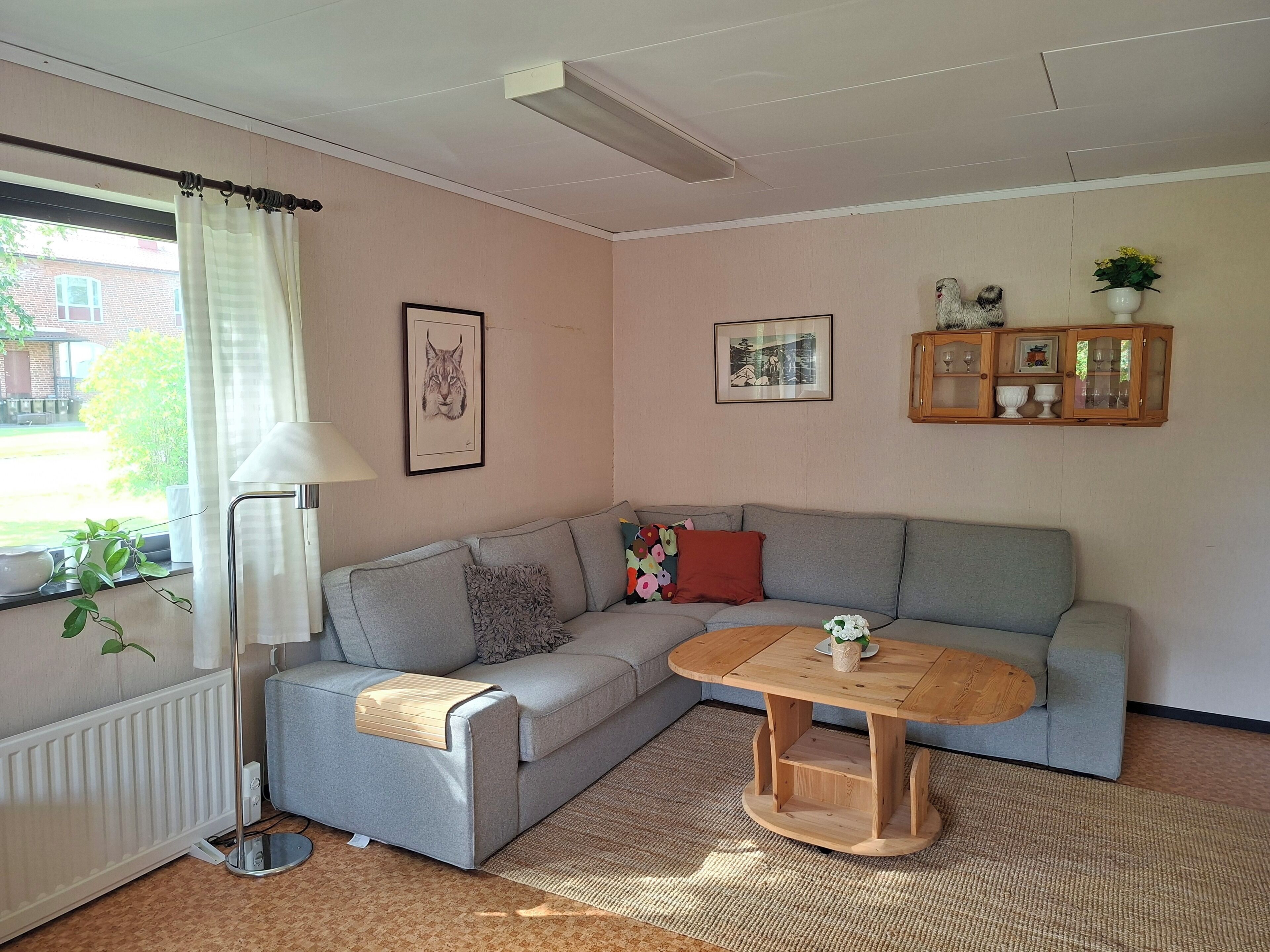 Ett vardagsrum med en grå soffa, ett soffbord i trä, en golvlampa och ett element.
