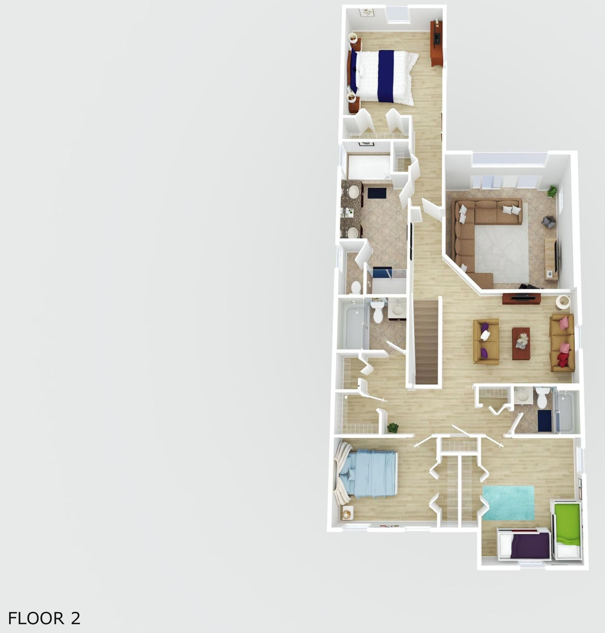 Distribución de un apartamento de dos plantas con sala de estar, cocina, dos habitaciones, un baño y un balcón.