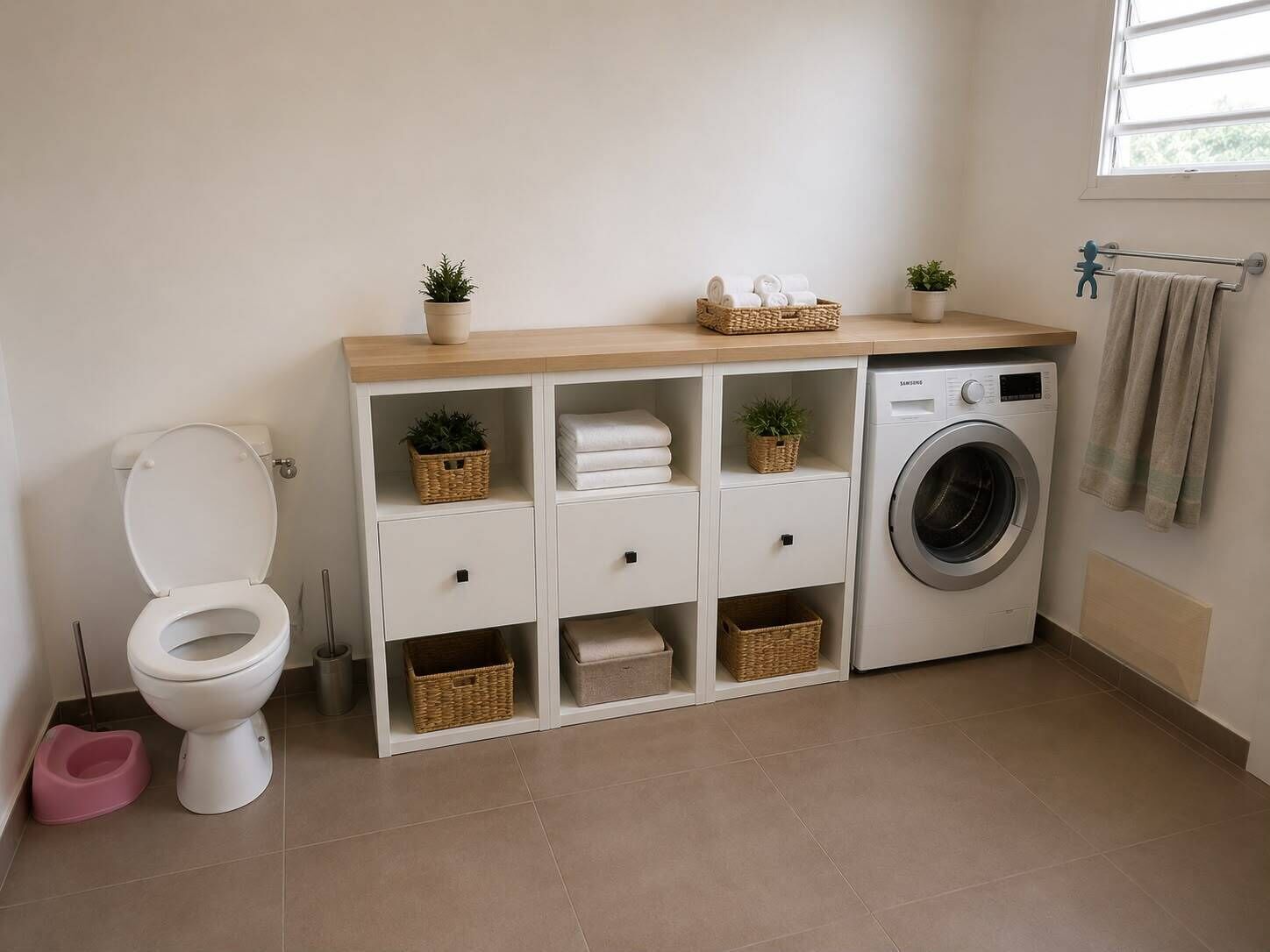 Une petite salle de bain comprenant des toilettes, un lave-linge et des étagères de rangement.