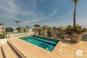 A rooftop swimming pool with a clear view of the sea, surrounded by potted plants and a palm tree. - TopSpot® Duplex PH @ The Historic Center Heart (Cartagena de Indias)