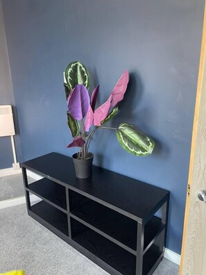 A black console table with a potted plant against a blue wall. - #84 Large JQ apartment sleeps 9 (West Midlands)