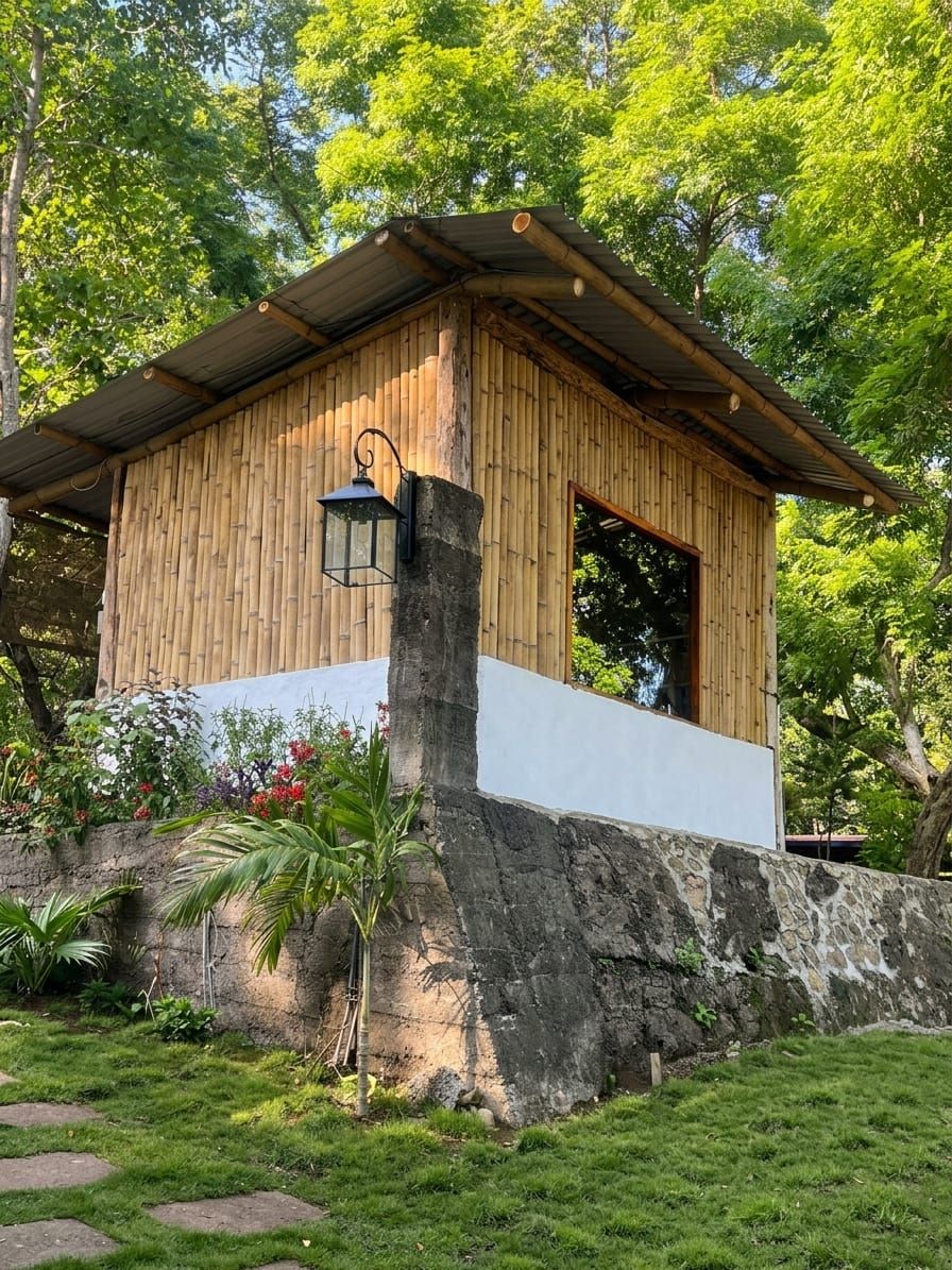 A wooden structure with a sloped roof, a stone base, and a lantern.