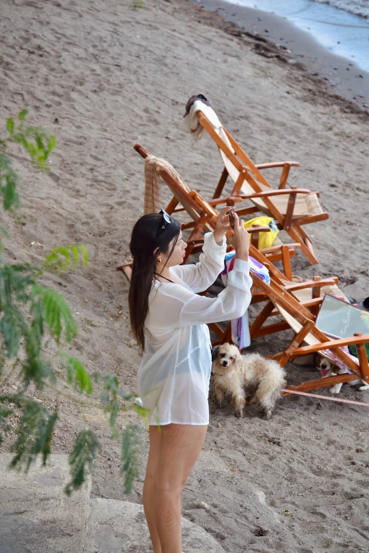 Una persona de pie en una playa arenosa con un perro, una estructura de sillas de madera y un bolso amarillo.
