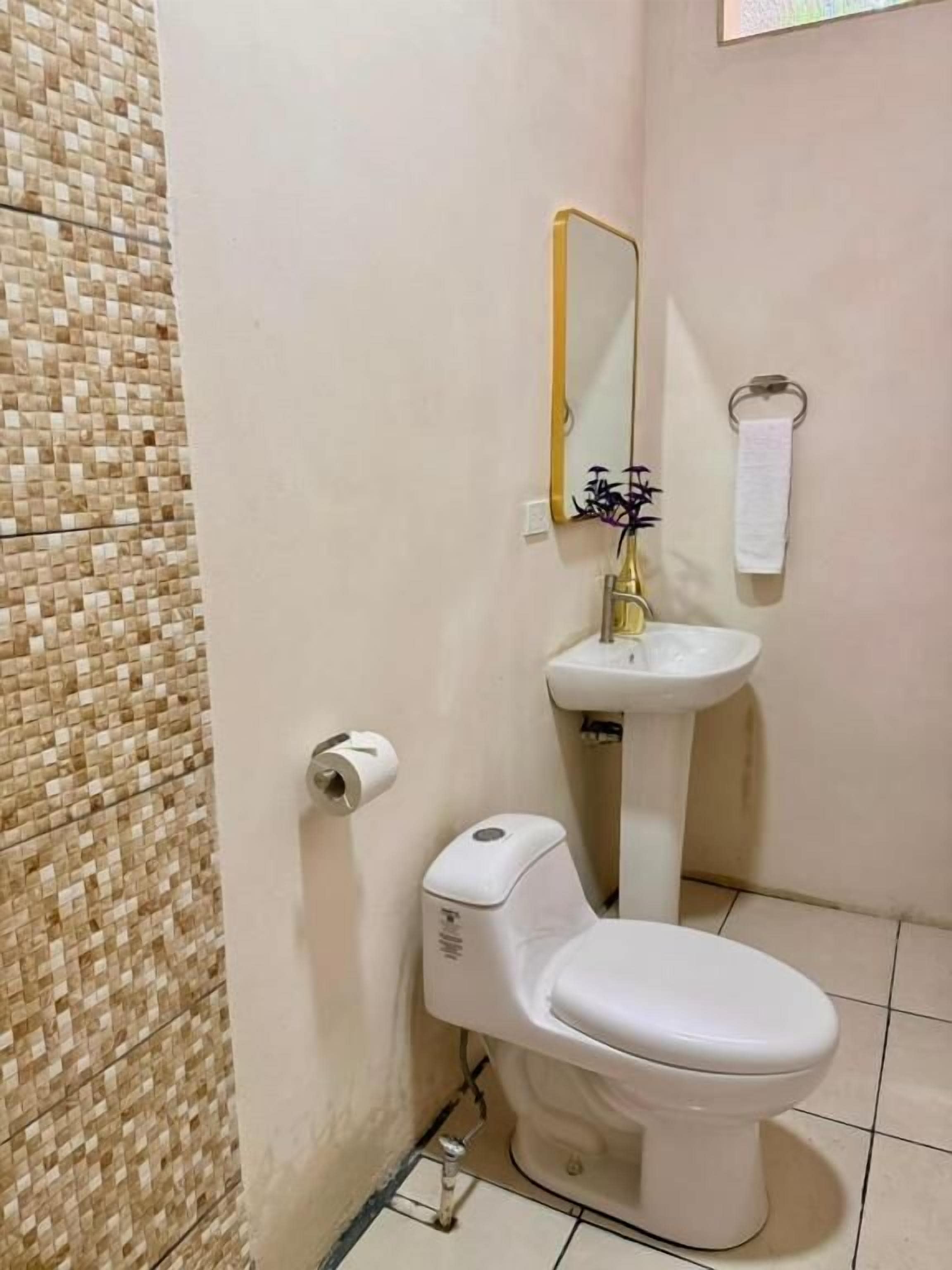 A bathroom with a toilet, sink, and mirror.