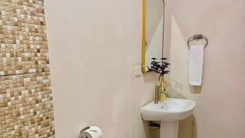 A bathroom with a toilet, sink, and mirror.