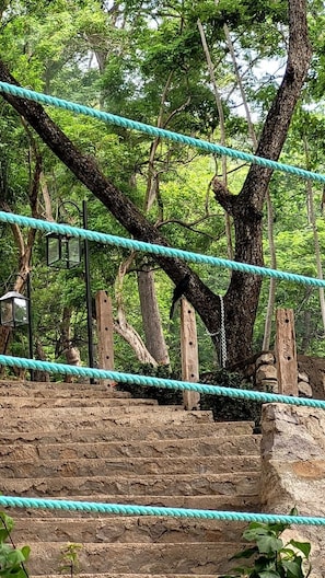 Un puente colgante sobre una escalera de piedra en un área boscosa.