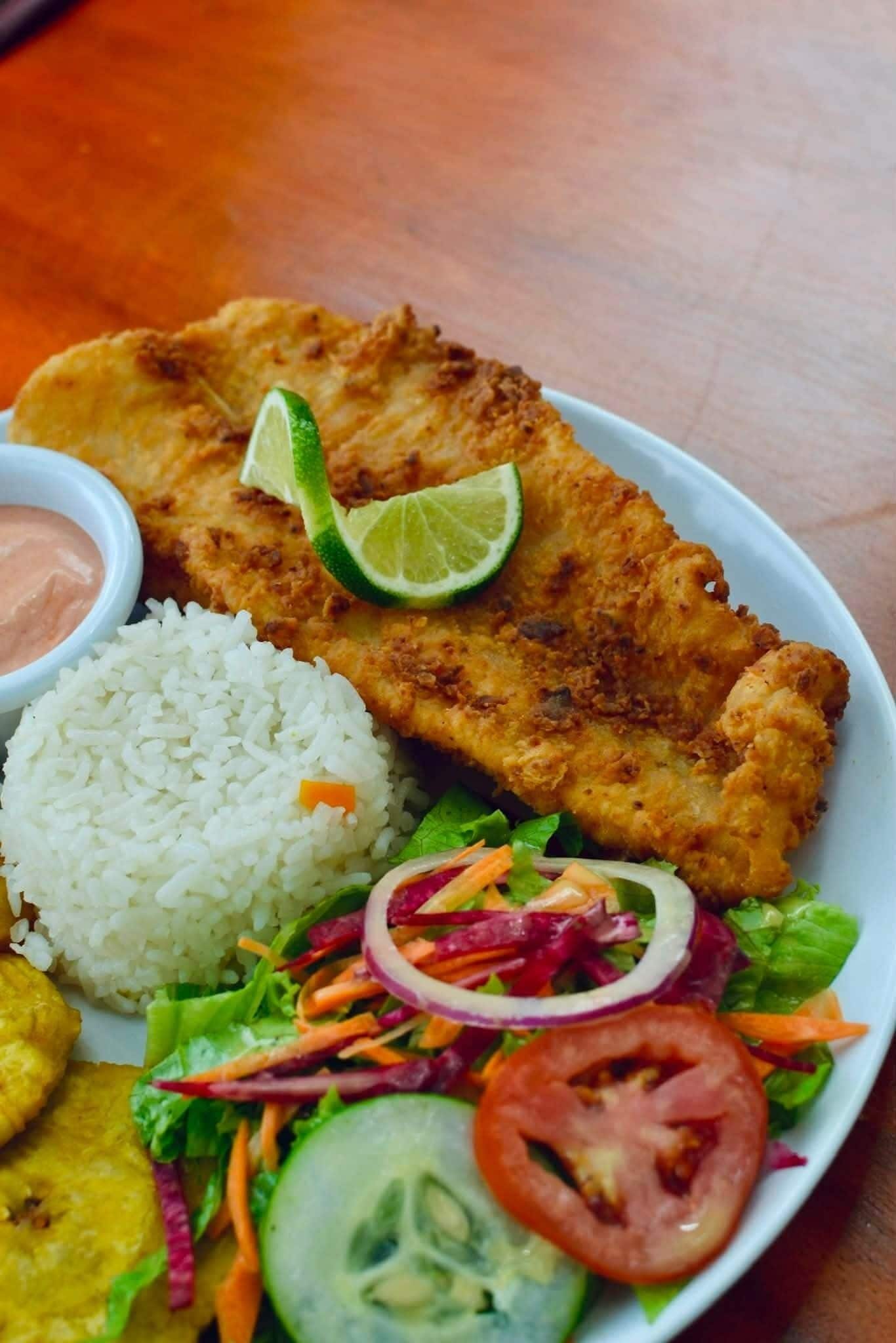 A plate with fried fish, rice, and a salad.