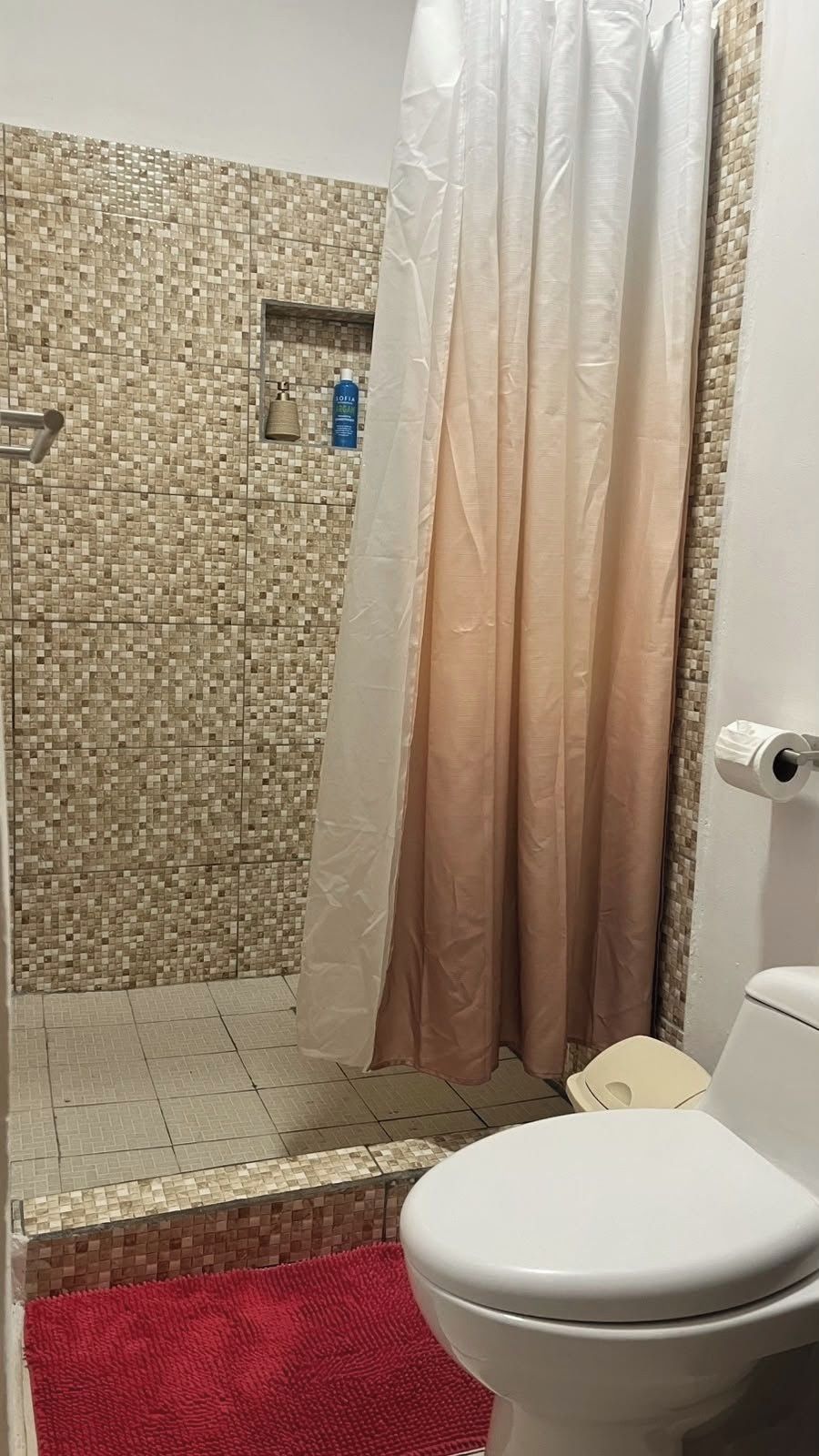 A bathroom with a shower, toilet, and tiled walls.