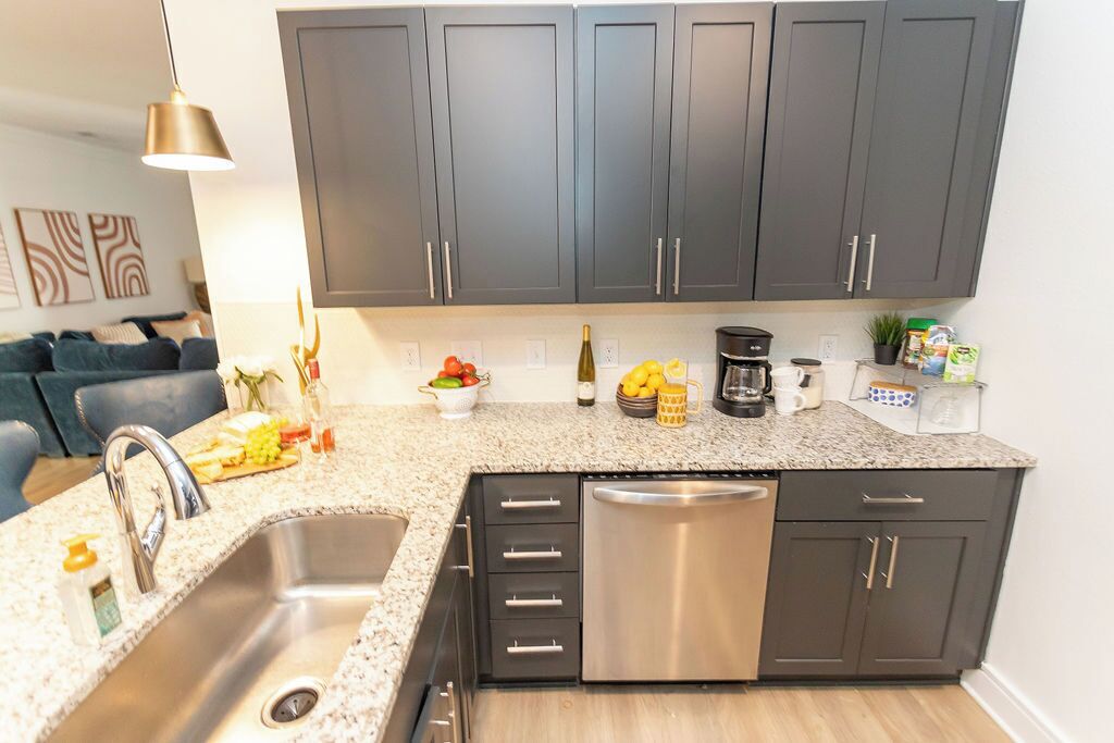 A modern kitchen with dark cabinets, a stainless steel dishwasher, and a granite countertop.