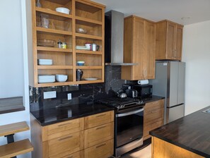 A modern kitchen with wooden cabinets, a stainless steel refrigerator, a built-in oven, and a black countertop. - Beautiful Eco-Cottage near Parry Sound (The Archipelago)