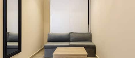 A small, narrow room with a sofa, a coffee table, a mirror, and a wardrobe.
