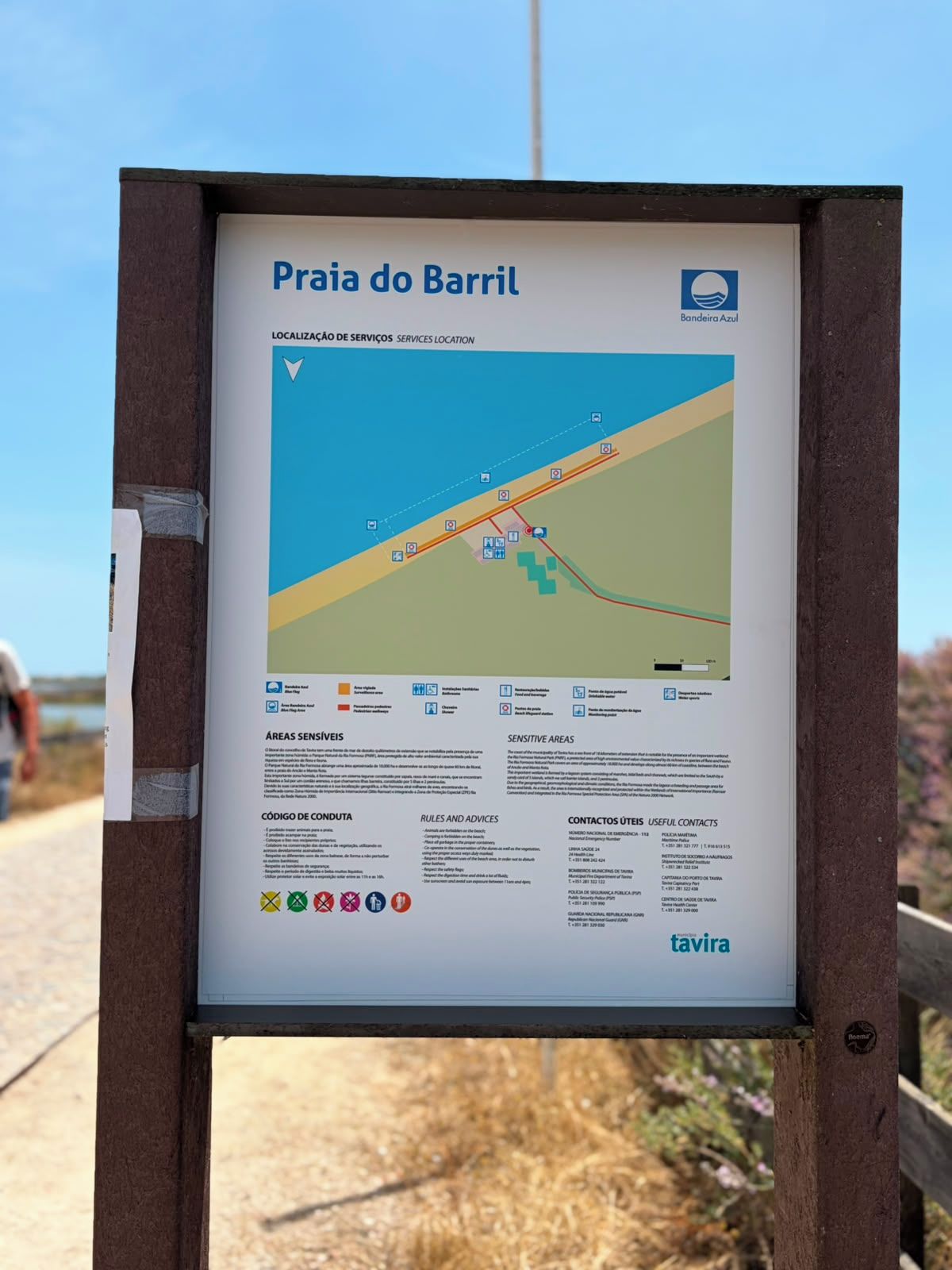 Un cartel con el título 'Praia do Barril', un mapa e información sobre servicios, zonas delicadas, normas y contactos.