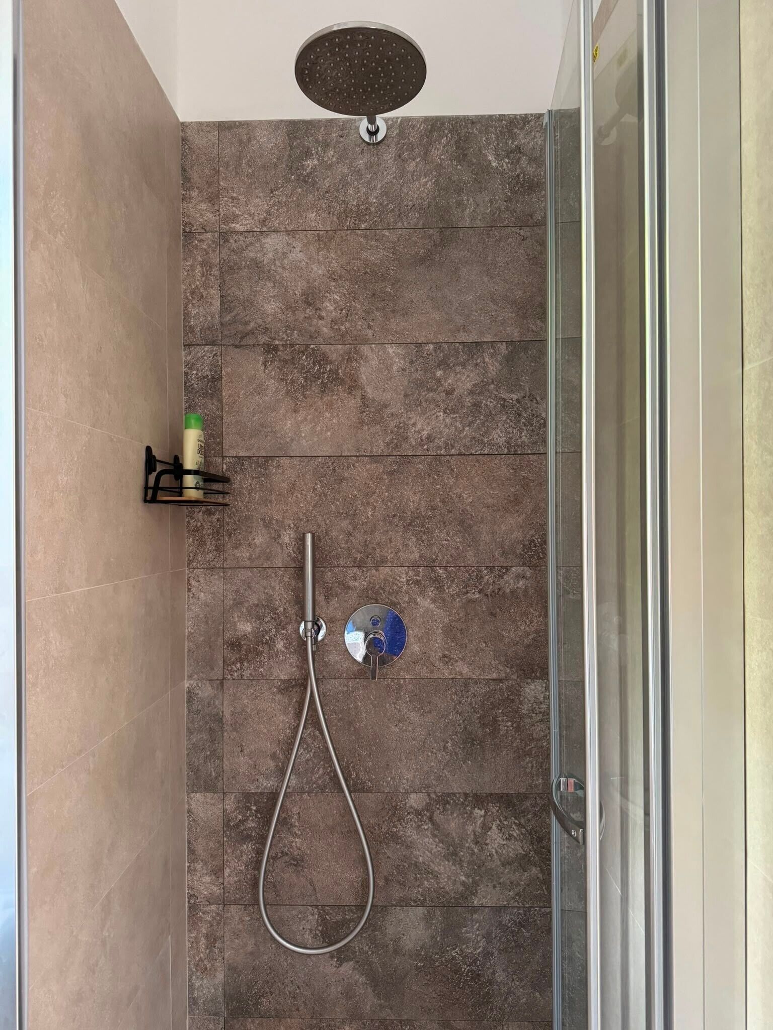 Une douche équipée d’un pommeau de douche à main et d’un flexible à main.