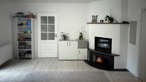 A room with a white door, a fireplace, a TV, a shelf with items, and a radiator.