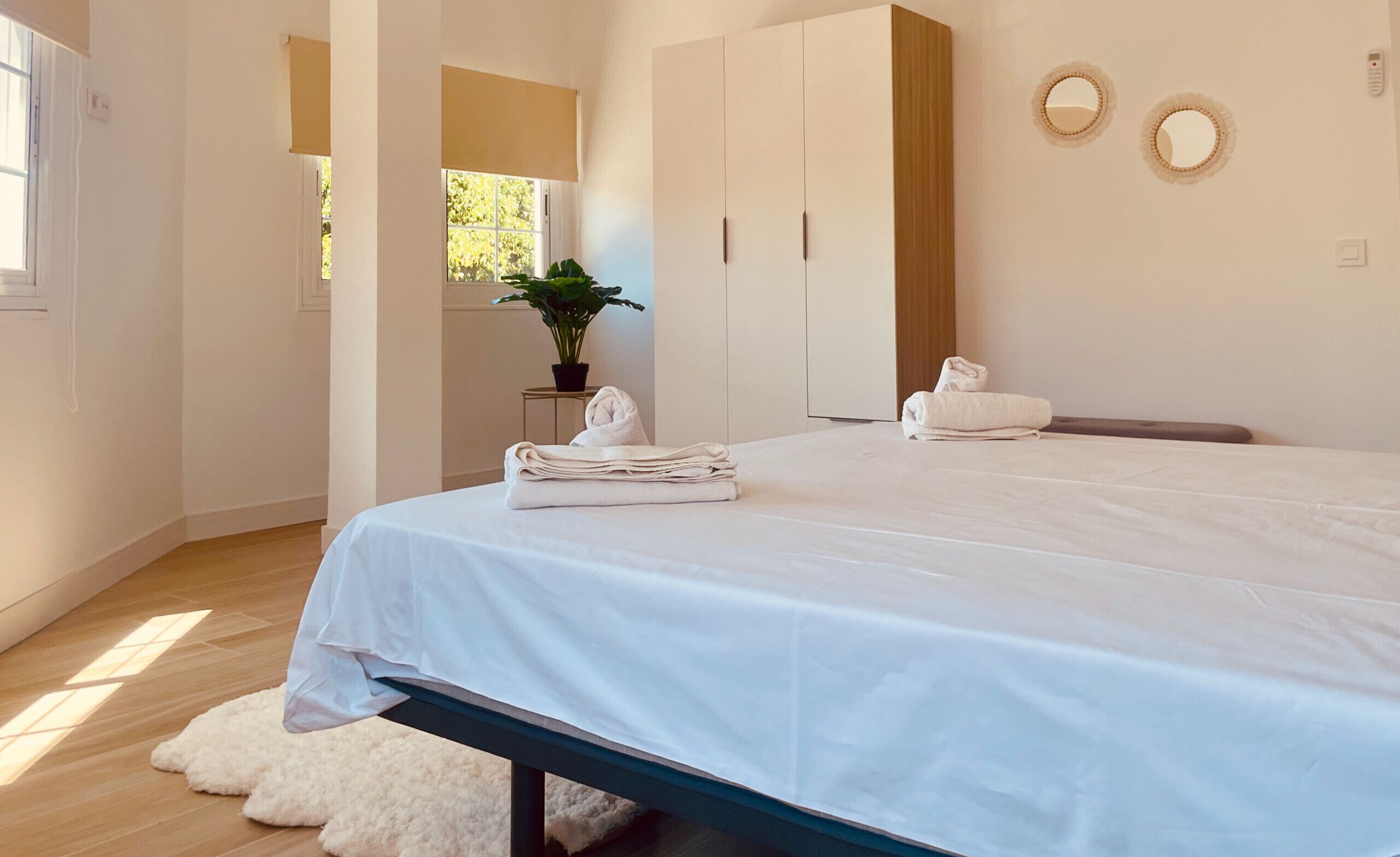A hotel room with a bed, a potted plant, and a small table with towels.