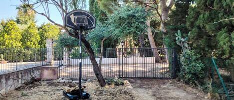 A basketball court with a hoop, surrounded by trees and a fence.