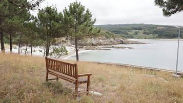 Un banco con vistas a la costa, árboles y al agua.