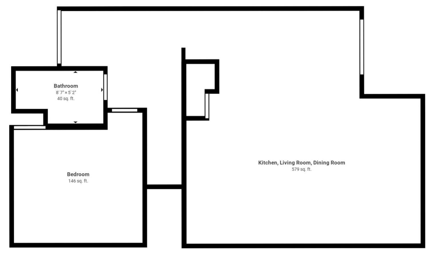 Un plan d’étage comprenant une salle de bain de 2,62 m x 1,58 m, soit 3,7 m², une chambre de 13,6 m², et un espace combinant cuisine, salon et salle à manger, d’une superficie totale de 53,8 m².