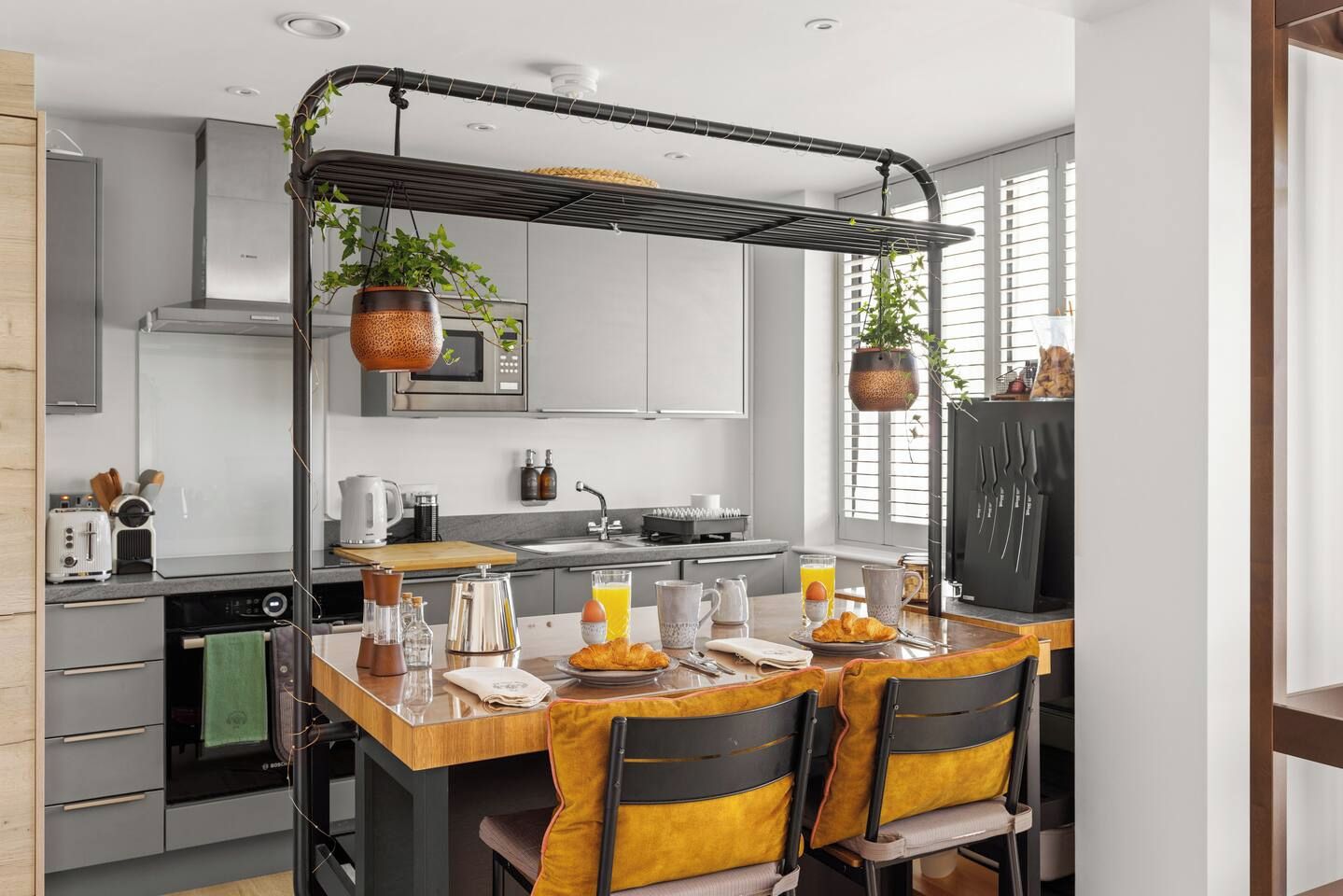 Een moderne keuken met een centraal eiland, een hangplant en een eethoek met stoelen.