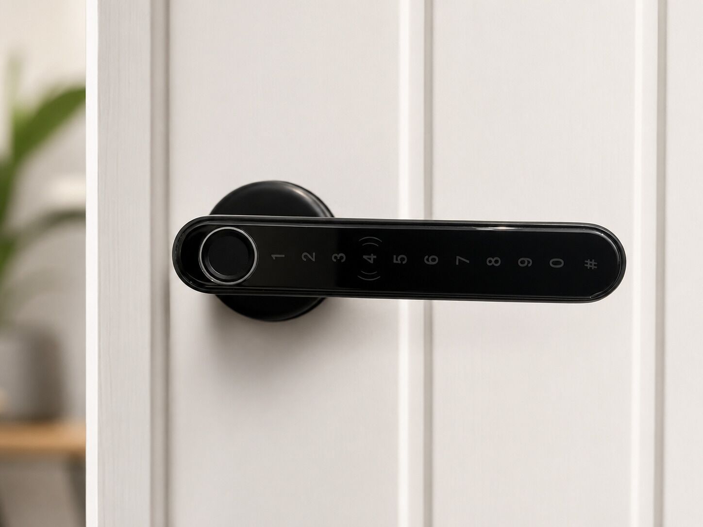 A modern door with a numeric keypad lock.