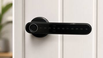 A modern door with a numeric keypad lock.