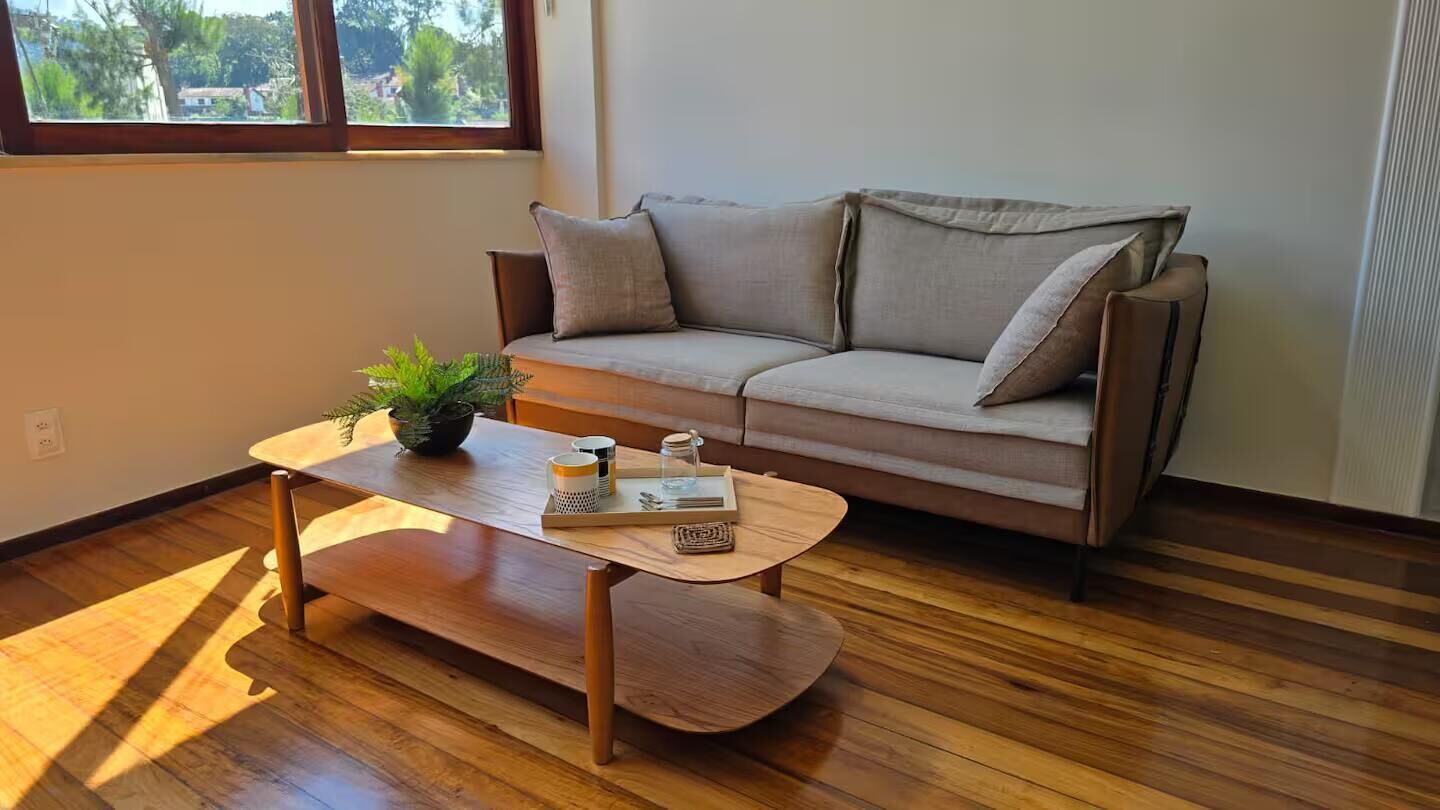 Um quarto com um sofá, uma mesa de centro de madeira e um vaso com planta.