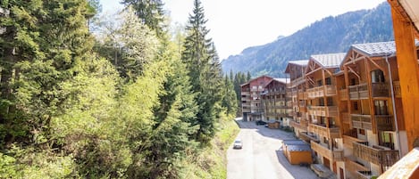 A row of wooden mountain lodges with balconies, set against a backdrop of dense forest and mountains.