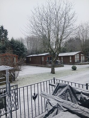 A residential area with two brick houses, a snow-covered lawn, and a metal fence. - Peacock Lodge Quirky & Tranquil Home Away from Home (Perth and Kinross)