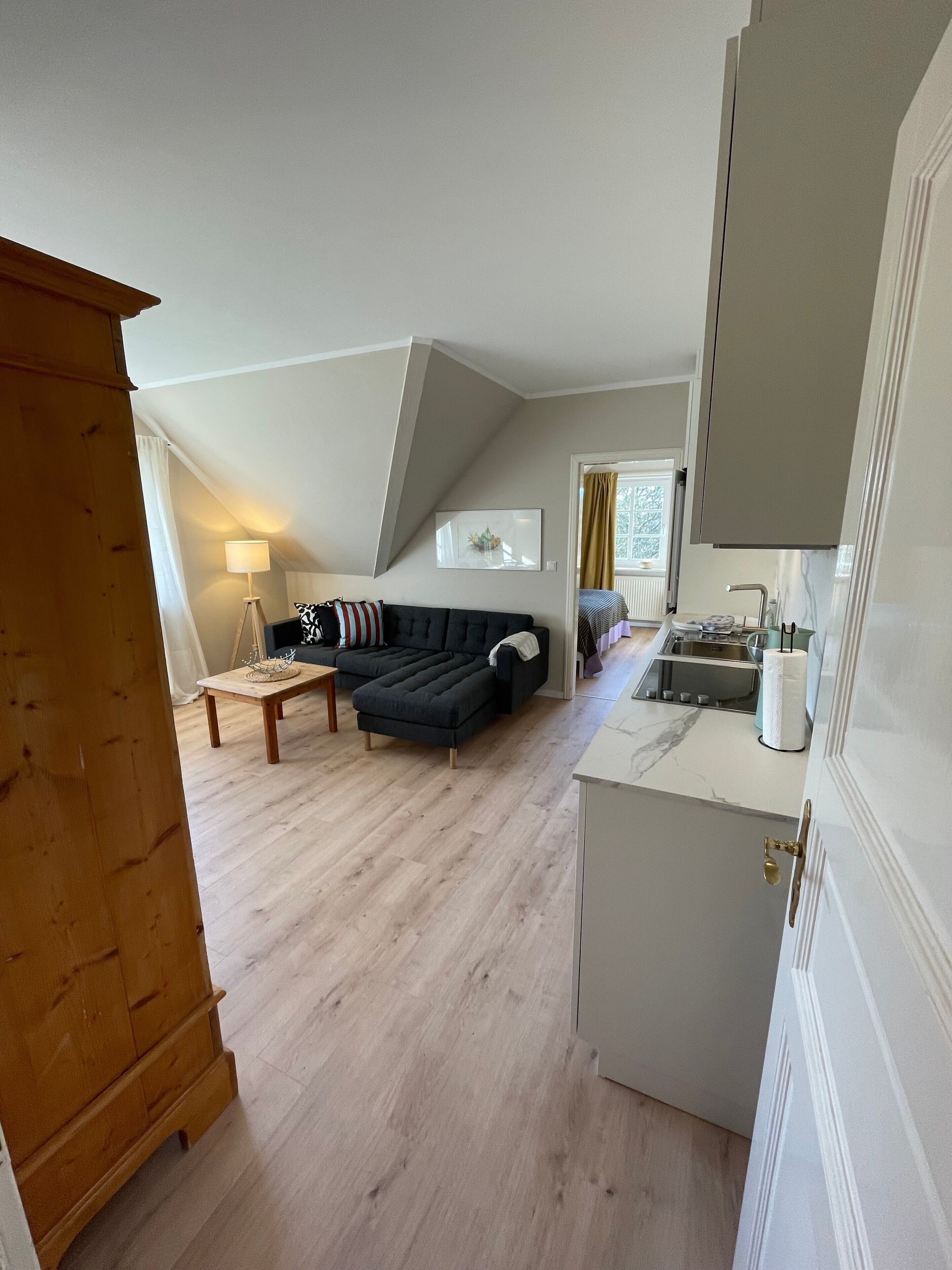 Un dormitorio tipo loft con un sofá oscuro, una pequeña mesa de madera y una zona de cocina con pileta y mostrador.