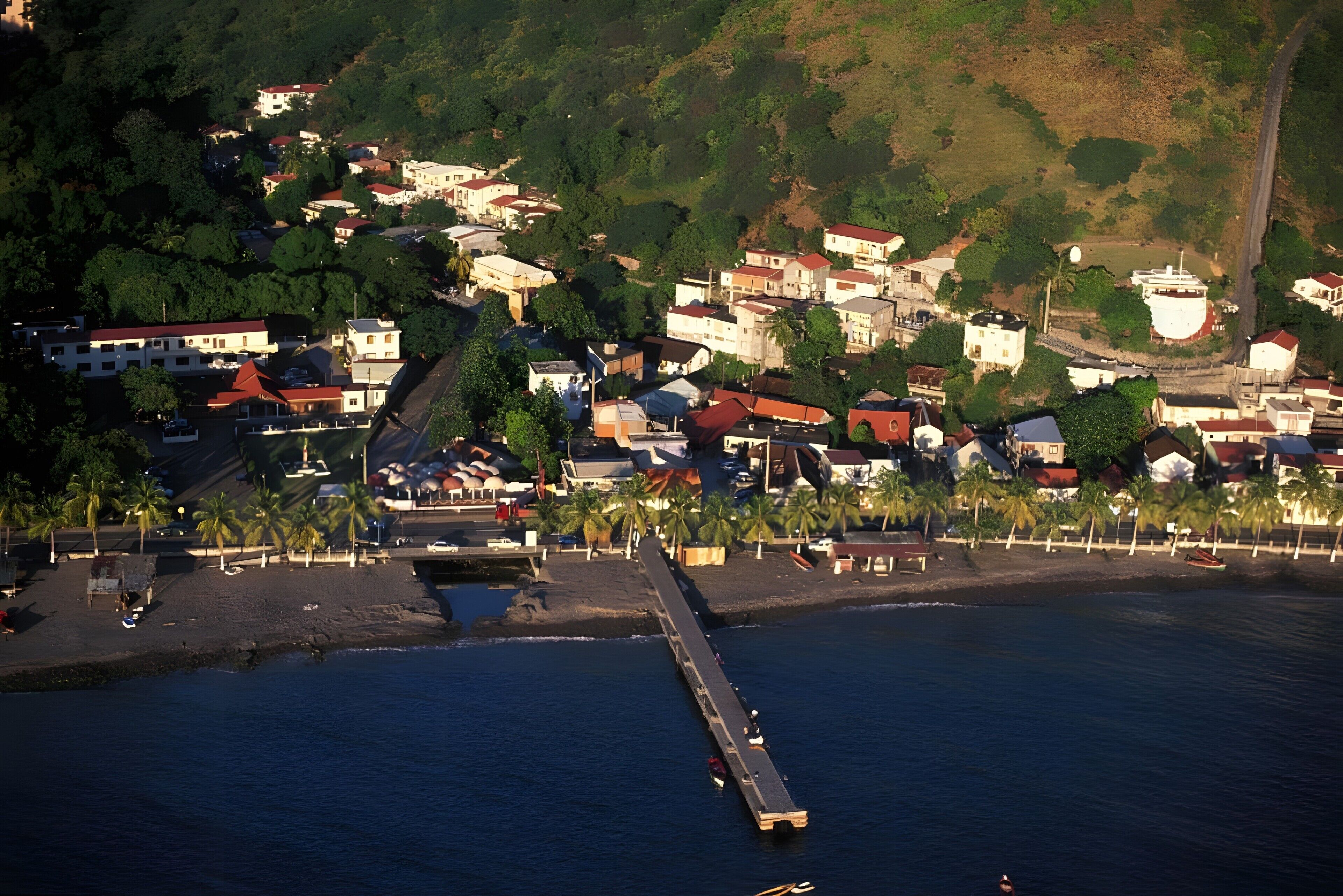 A coastal town with a pier extending into the water, surrounded by residential buildings and greenery.